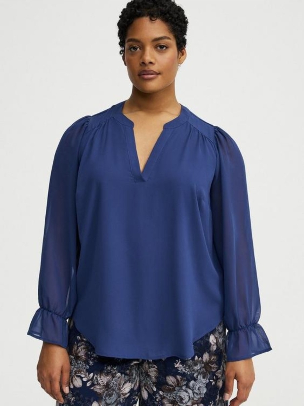 Torrid Navy V-Notch Long Sleeve Blouse